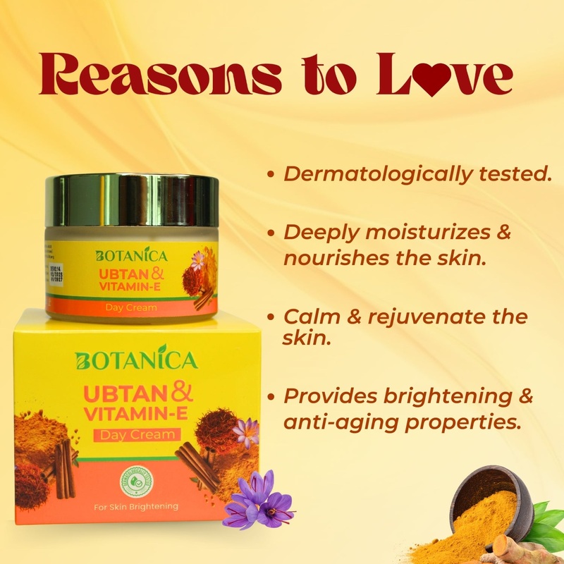 BOTANICA Ubtan & Vitamin E Day Cream 50 – Lightweight, Skin Brightening Cream, Infused with Saffron and Sandalwood Extract, 50ML